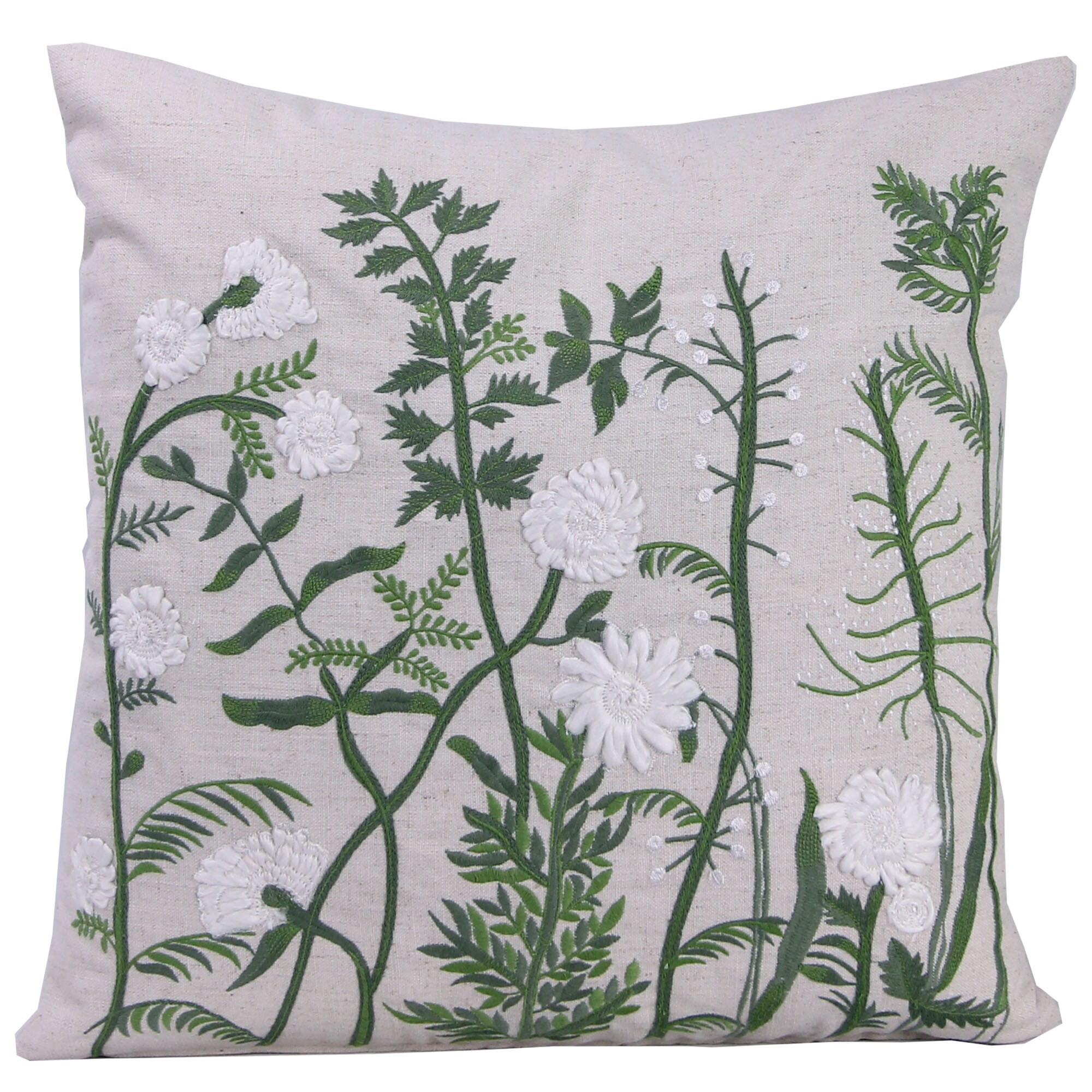 Jordan Manufacturing 18" x 18" Cream, Green and White Floral Square Reversible Decorative Throw Pillow with Embroidery Accent