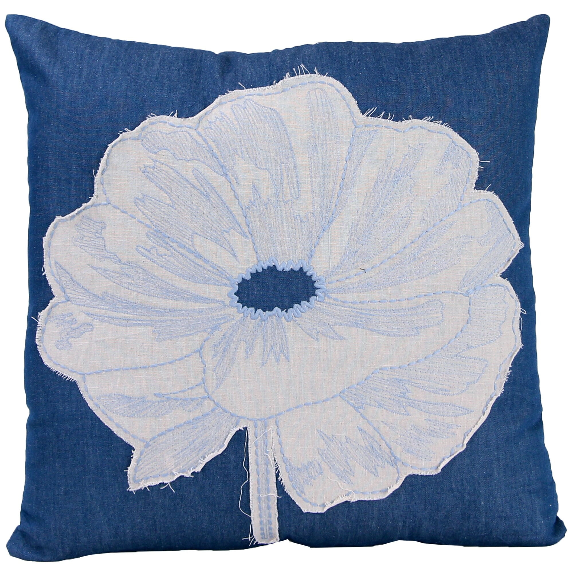 Denim Blue and White Floral Square Cotton Throw Pillow
