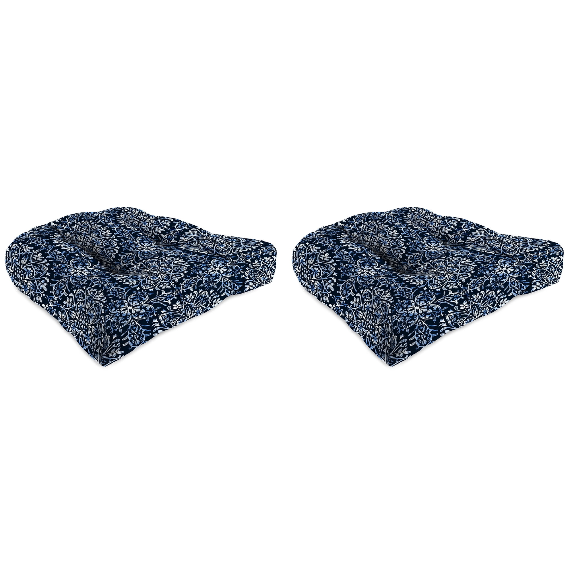 Jordan Manufacturing 18" x 18" Dresden Midnight Navy Damask Square Tufted Contoured Outdoor Wicker Seat Cushion (2 Pack)
