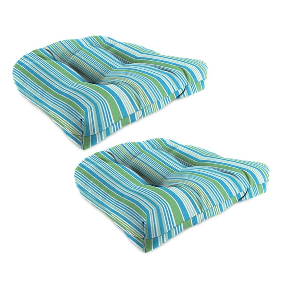 Jordan Manufacturing 18" x 18" Ferb Turquoise and Green Stripe Square Tufted Contoured Outdoor Wicker Seat Cushion (2 Pack)