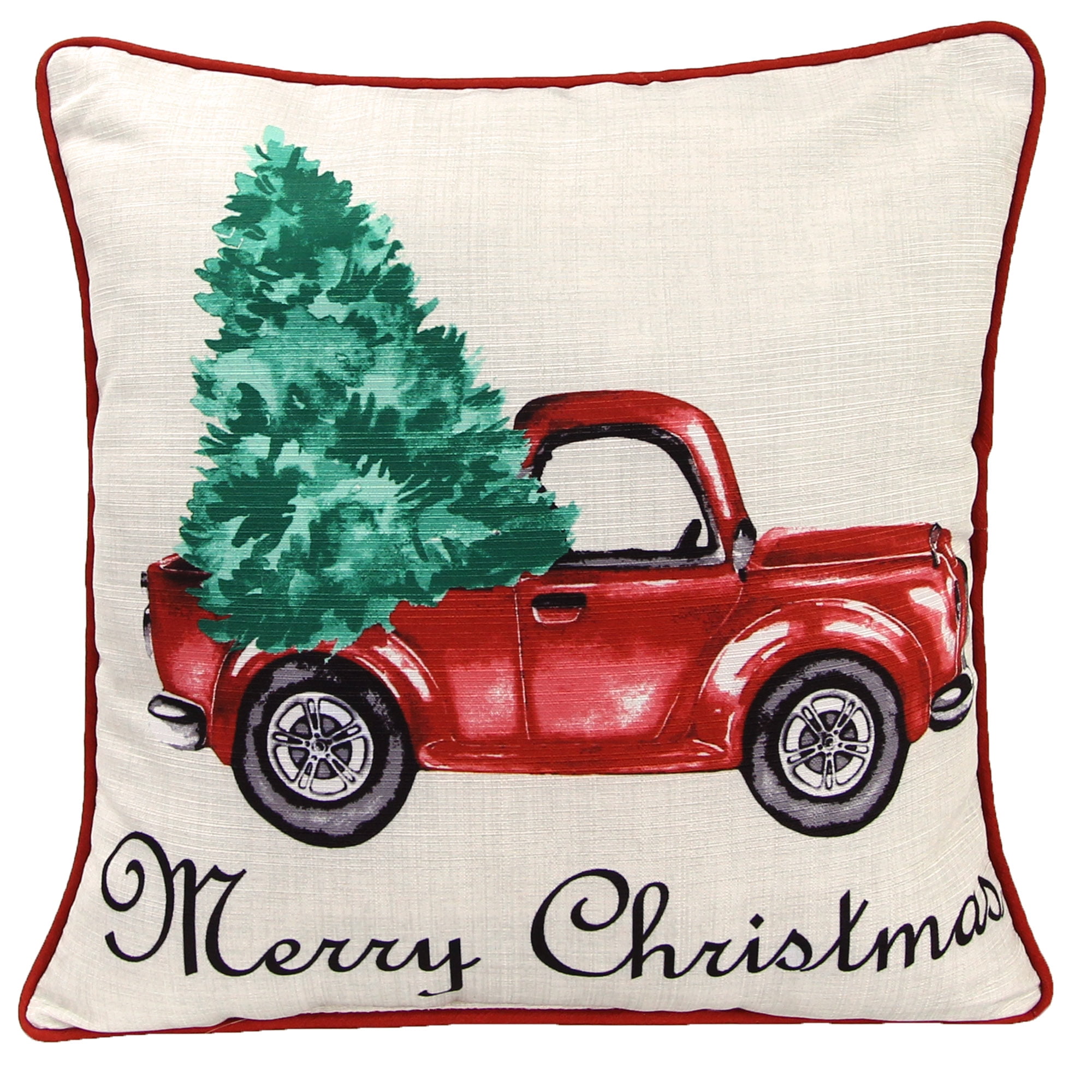 Merry Christmas Truck Red and Cream Square Pillow