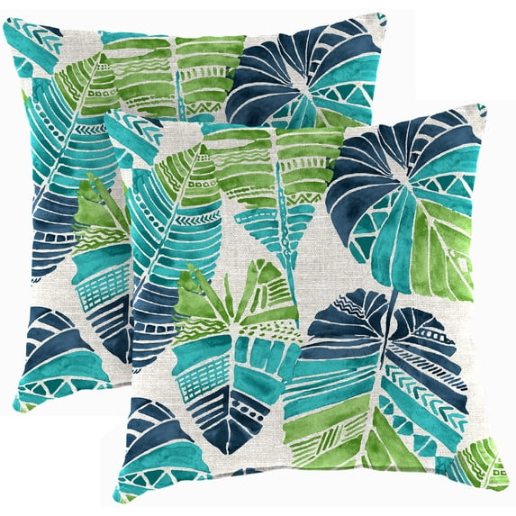 Jordan Manufacturing 18" x 18" Hixon Caribe Blue Leaves Square Outdoor Throw Pillow (2 Pack)