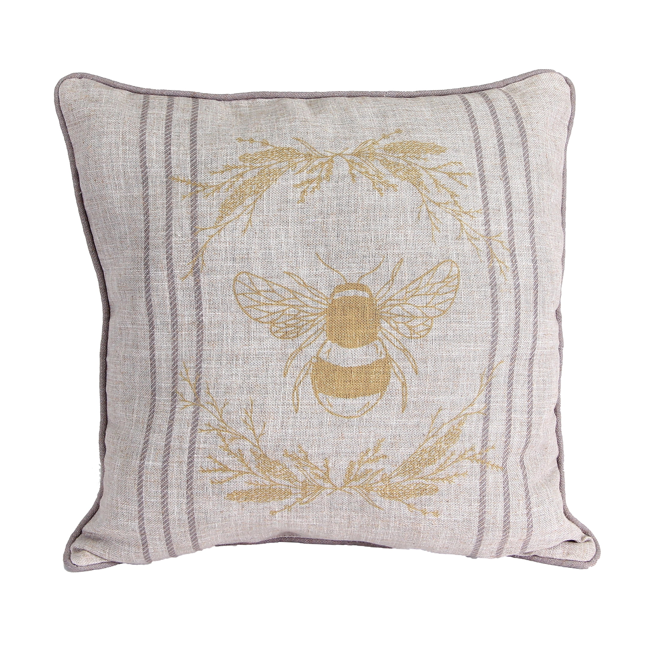 Jordan Manufacturing 18" x 18" Laurel Stripe Tan Bee Novelty Square Reversible Decorative Throw Pillow with Welt