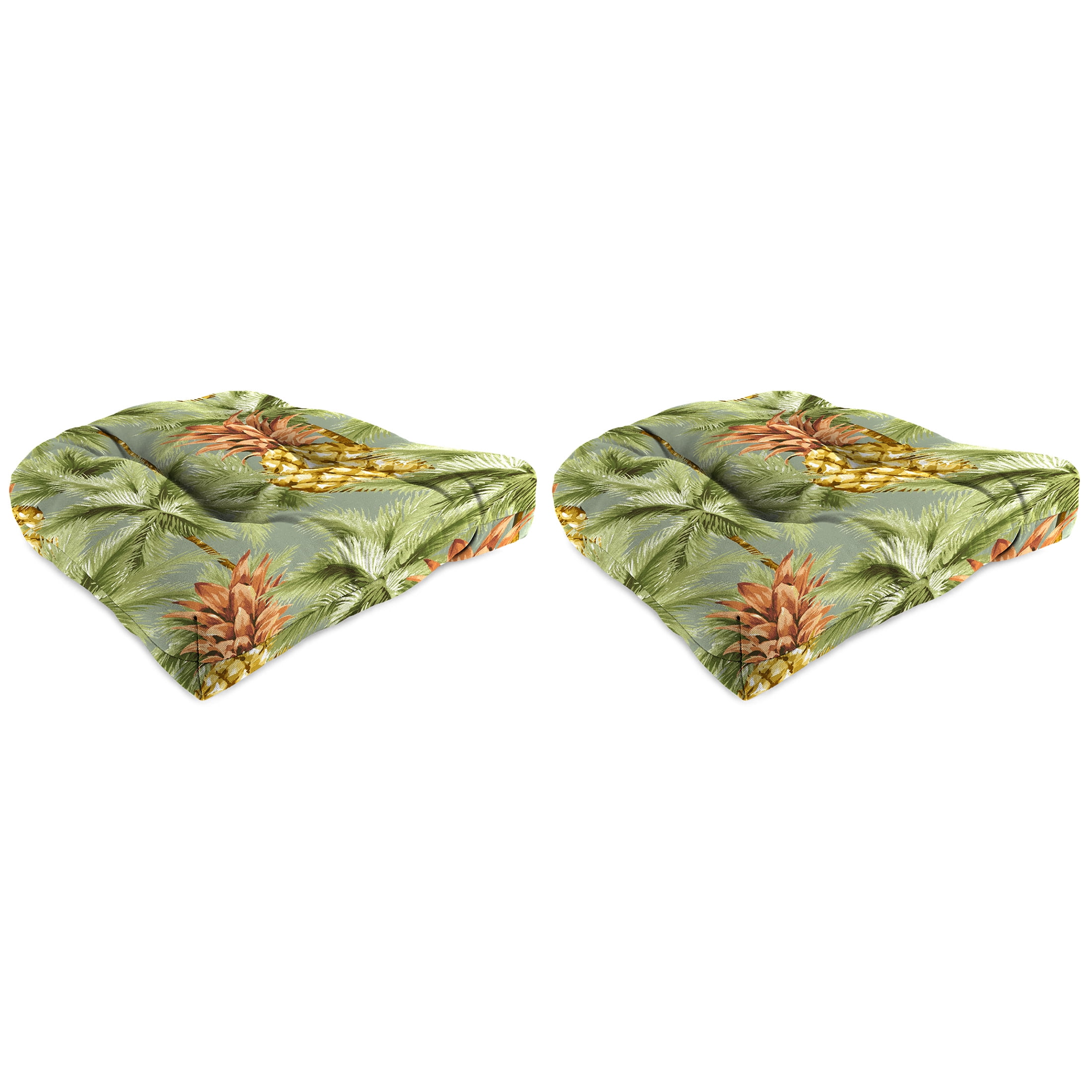 Luau Breeze Green Tropical Tufted Outdoor Wicker Seat Cushions, 18" x 18" (2 Pack)