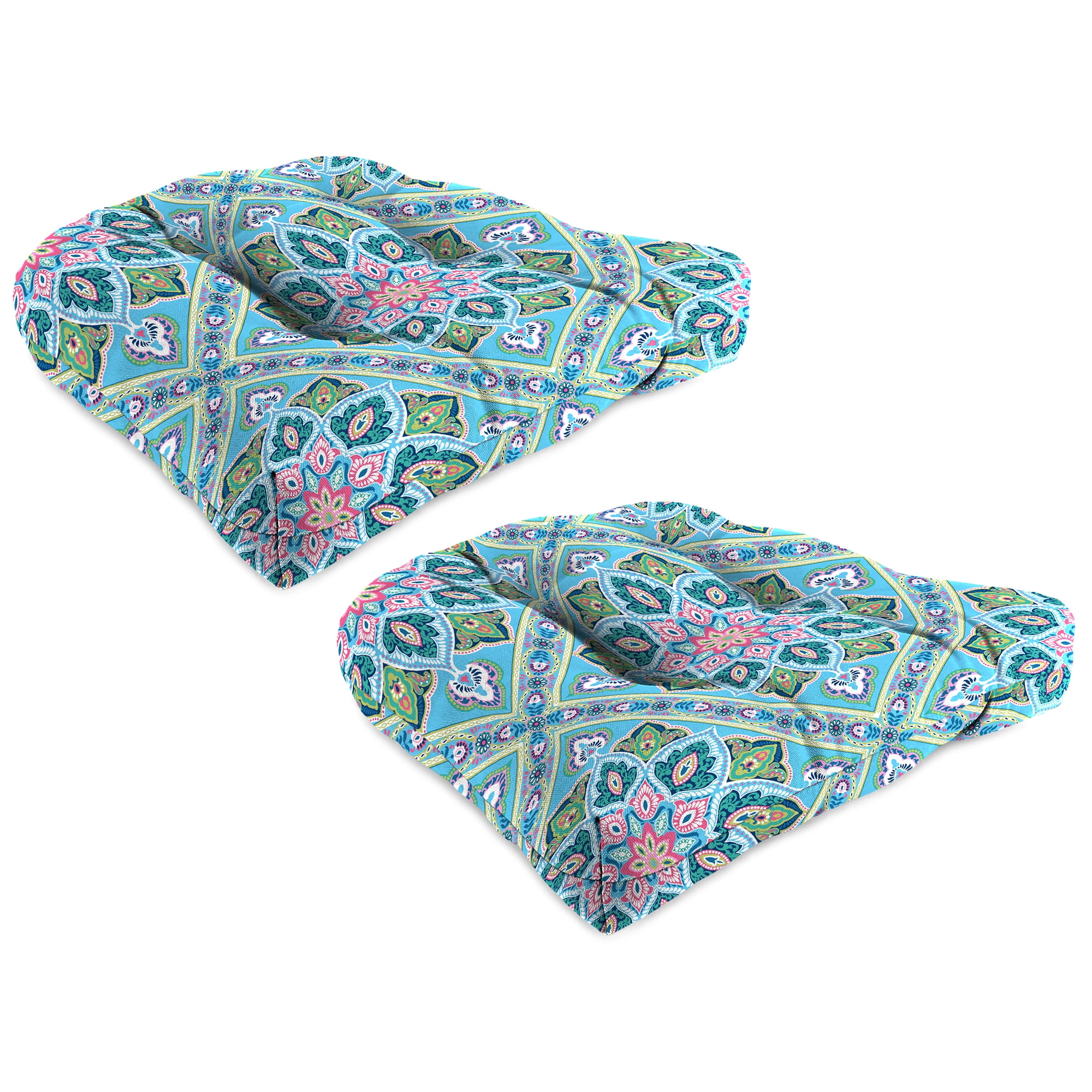 Jordan Manufacturing 18" x 18" Medlo Island Teal Medallion Square Tufted Outdoor Wicker Seat Cushion with Rounded Back Corners (2 Pack)