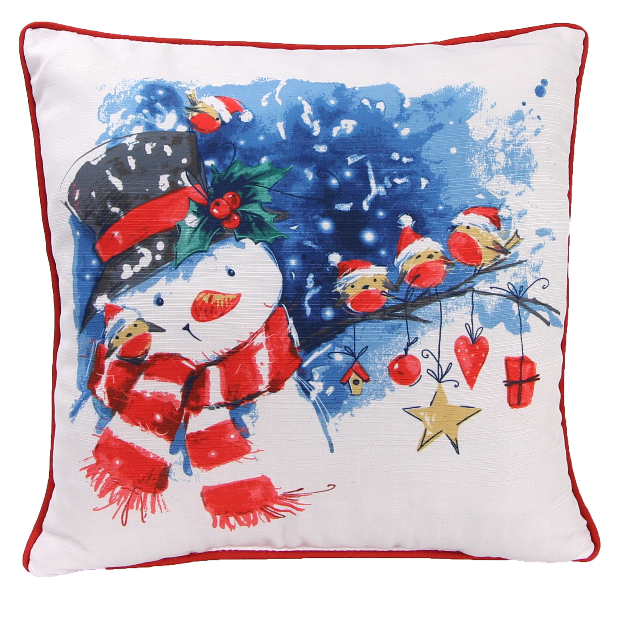 18" White and Blue Polyester Holiday Snowman Square Throw Pillow