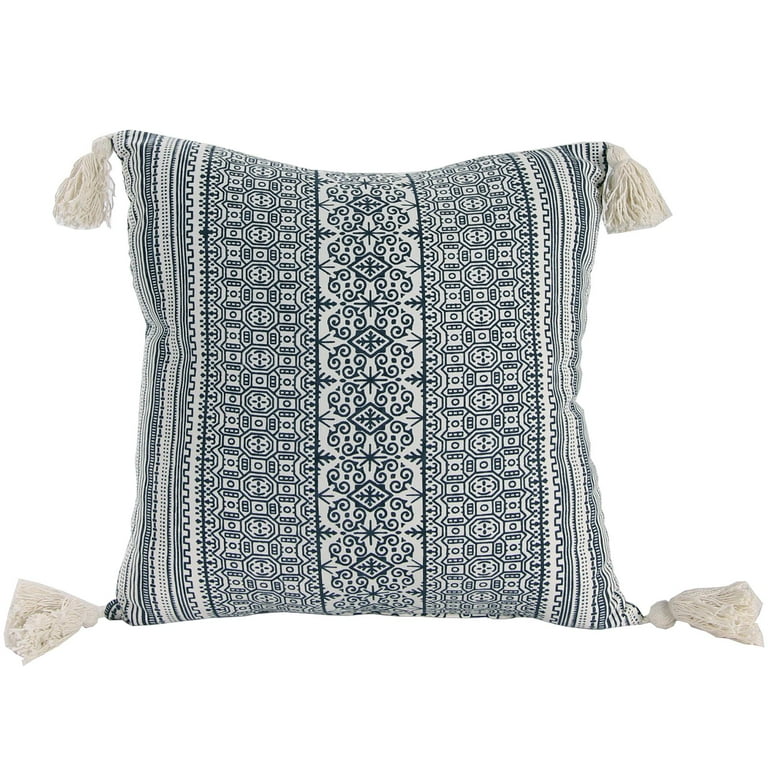 Indigo Gray Tribal Corner Tasseled Lumbar Pillow