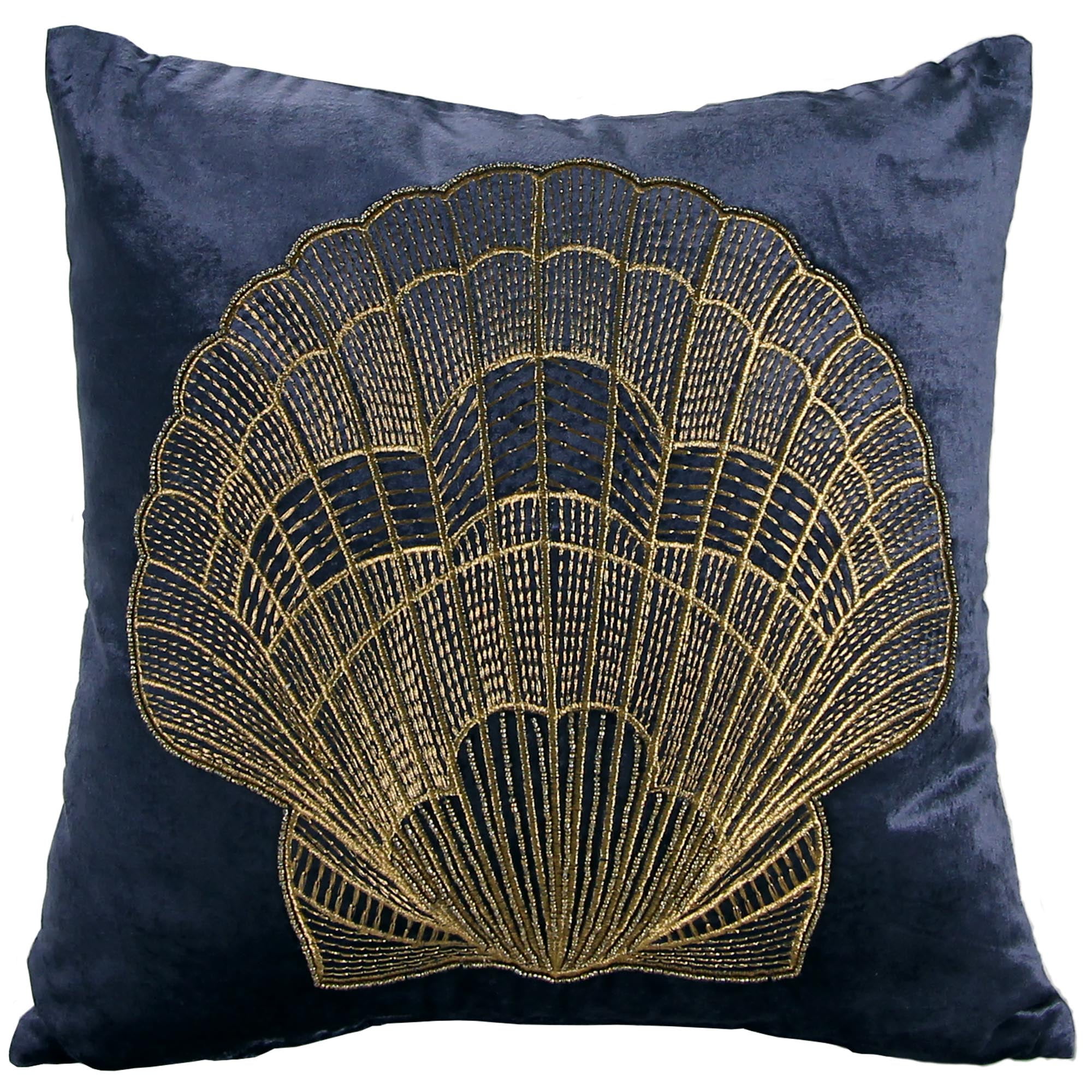 Jordan Manufacturing 18" x 18" Navy and Gold Seashell Nautical Square Reversible Decorative Throw Pillow with Welt and Bead Accent