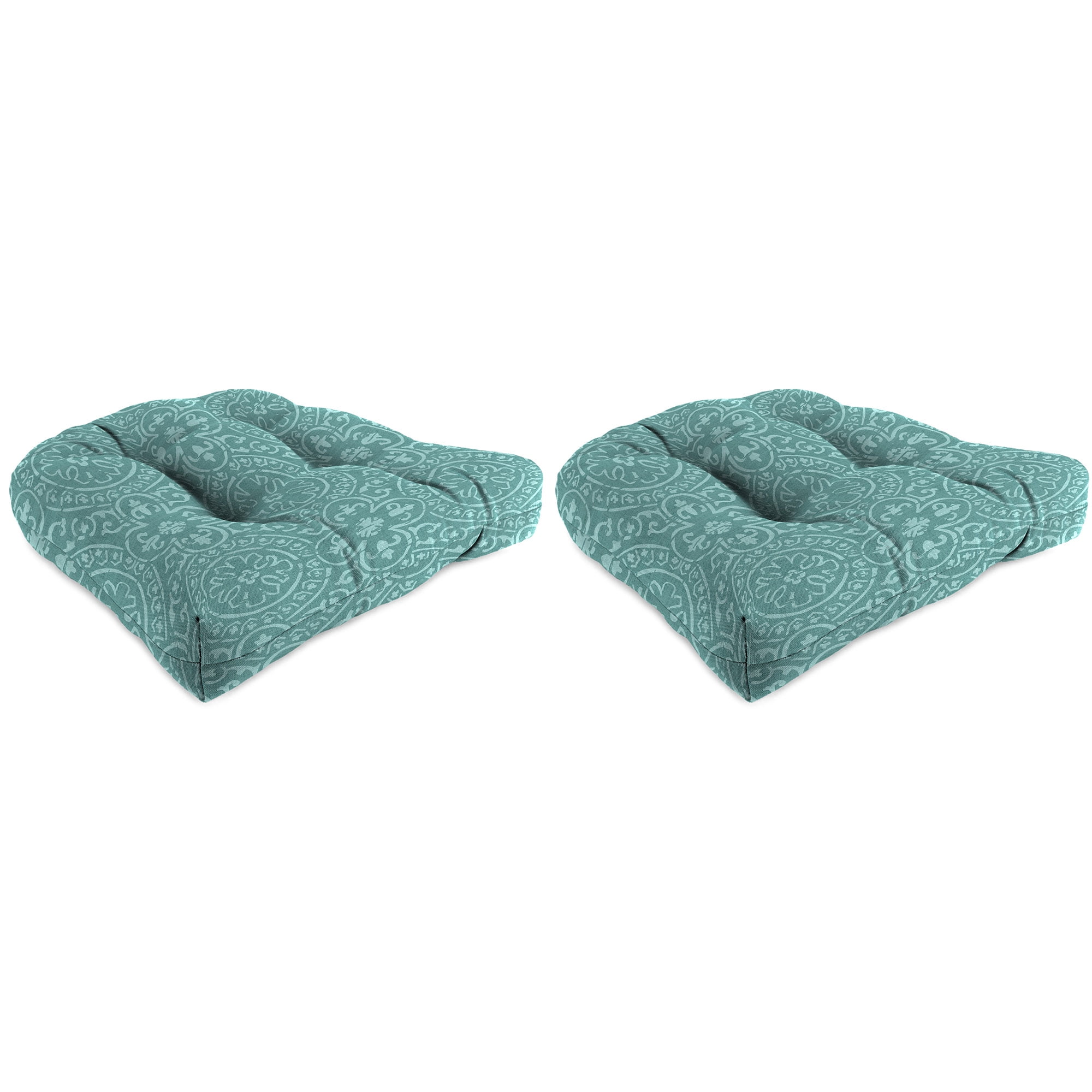 Quasi Zinc Turquoise Geometric Tufted Outdoor Wicker Seat Cushions, 18" x 18" (Set of 2)