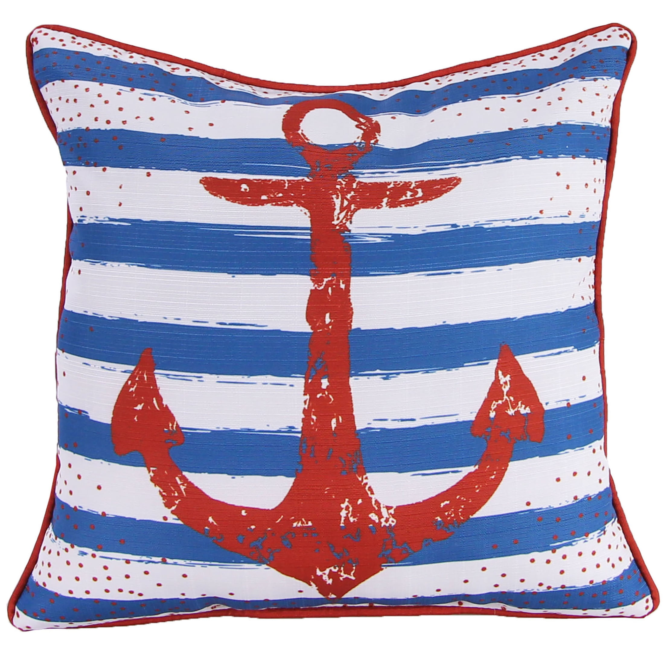 Jordan Manufacturing 18" x 18" Red, White and Blue Anchor Stripe Nautical Square Decorative Throw Pillow with Welt