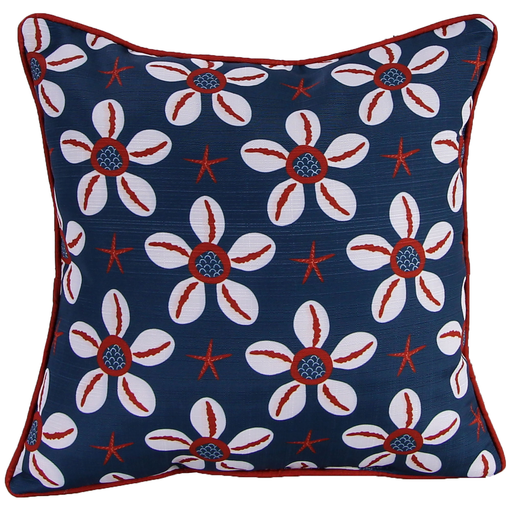 Jordan Manufacturing 18" x 18" Red, White and Blue Daisy Starfish Nautical Square Decorative Throw Pillow with Welt