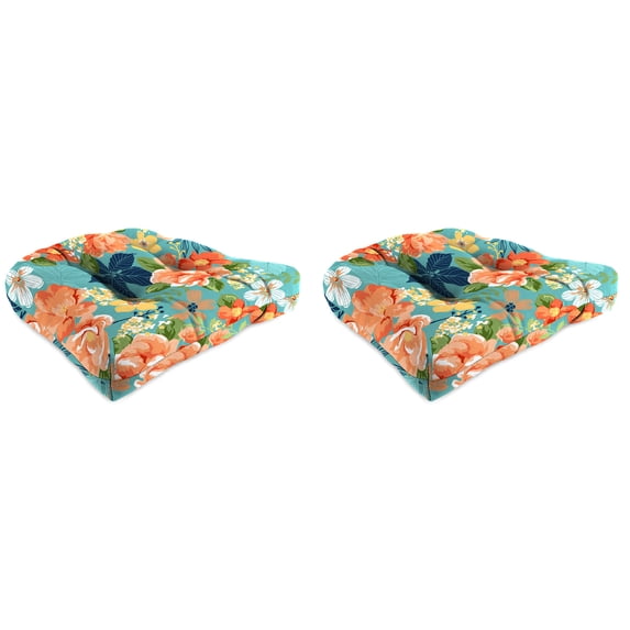 Jordan Manufacturing 18" x 18" Senorita Pelican Turquoise Floral Square Tufted Contoured Outdoor Wicker Seat Cushion (2 Pack)