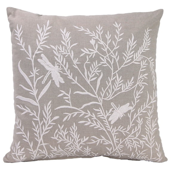 Jordan Manufacturing 18" x 18" Tan and White Dragonfly Floral Square Reversible Decorative Throw Pillow with Embroidery Accent