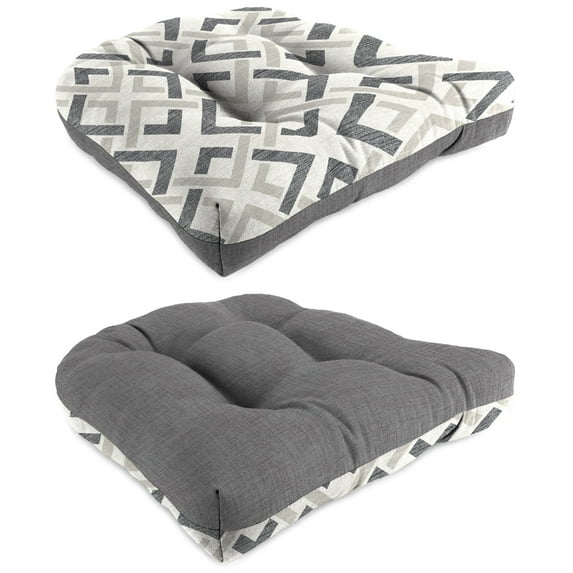 Jordan Manufacturing 18" x 18" Thanos Stainless Gray Geometric and Zayne Volcanic Gray Solid Reversible Square Tufted Contoured Outdoor Wicker Seat Cushion (2 Pack)
