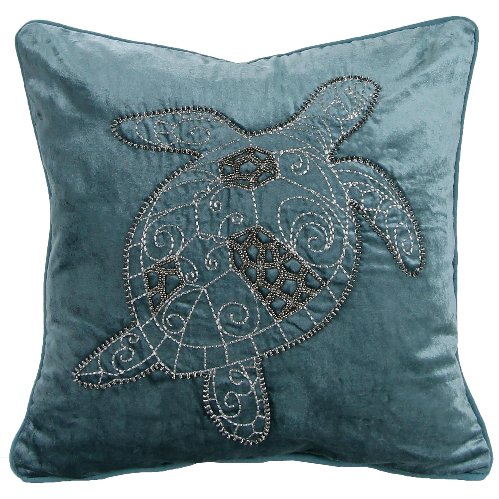 Turquoise Turtle Embroidered Velvet Square Throw Pillow Set