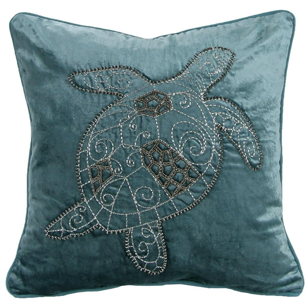Jordan Manufacturing 18 x 18 Turquoise Turtle Nautical Square Reversible Decorative Throw Pillow with Welt and Bead Accent Walmart Business Supplies