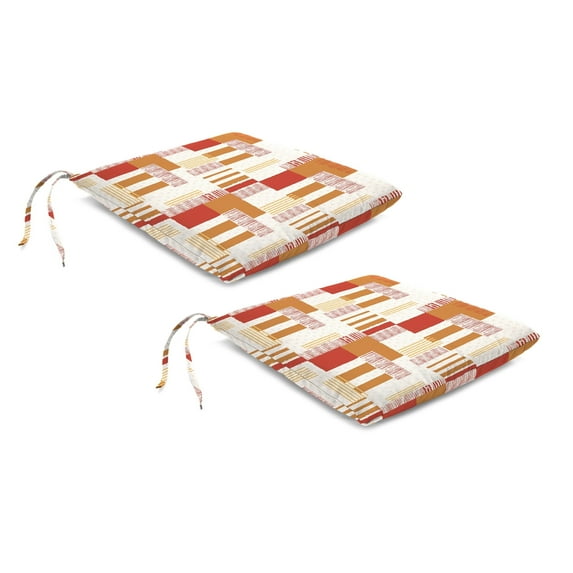 Jordan Manufacturing 18" x 19" Newtro Ochre Orange Patchwork Rectangular Knife Edge Outdoor Chair Pad Seat Cushion with Ties (2 Pack)