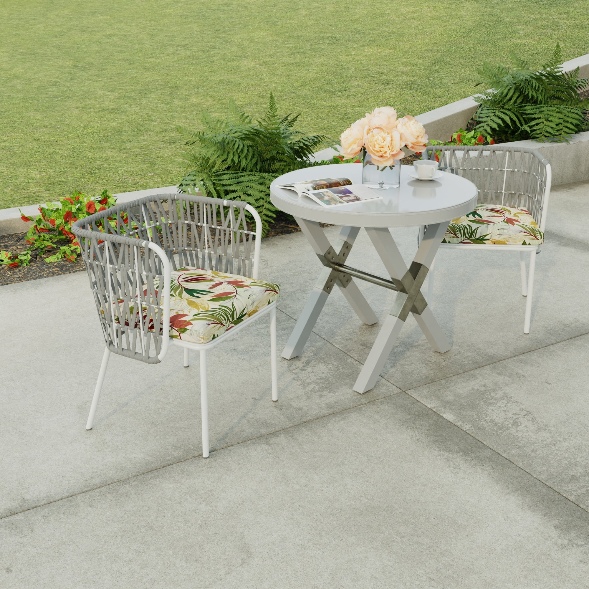 Jordan Manufacturing 19" x 17" Beige Leaves Outdoor Seat Cushion with Ties (Set of 2)