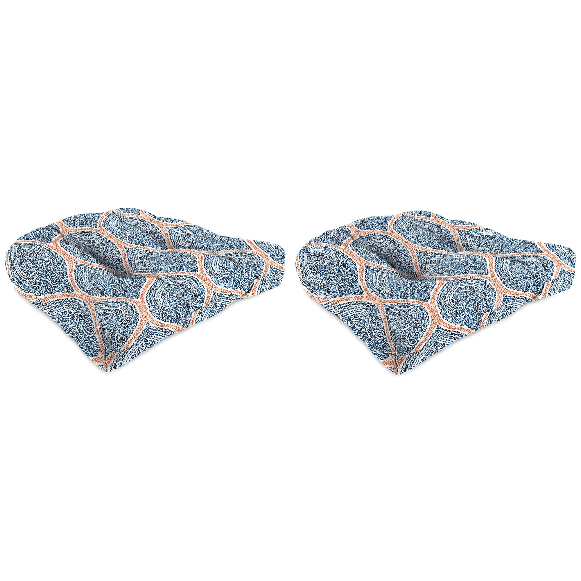 Jordan Manufacturing 19" x 19" Andorra Tiger Lily Navy Damask Square Tufted Outdoor Wicker Seat Cushion with Rounded Back Corners (2 Pack)