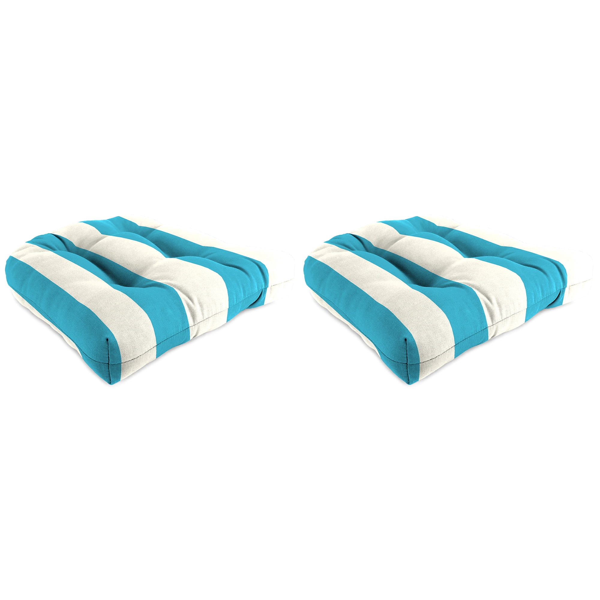 Turquoise Stripe Tufted Outdoor Wicker Seat Cushions, 19" x 19" (Set of 2)