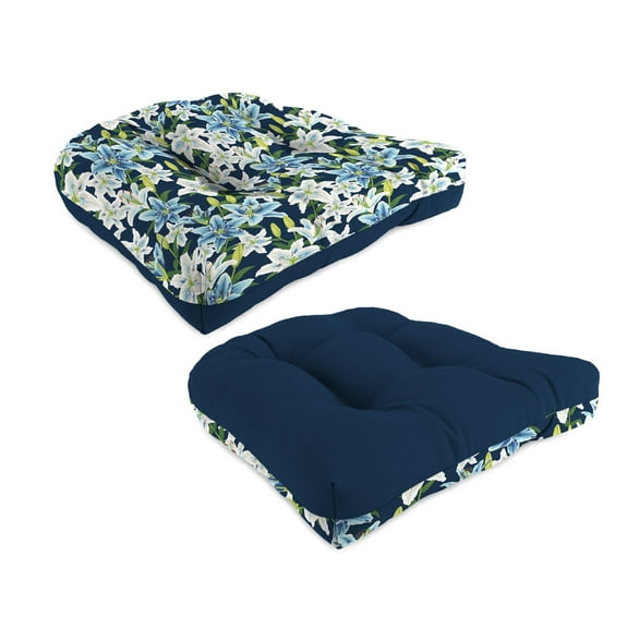 Jordan Manufacturing 19" x 19" Cassie Serene Navy Floral and Serene Navy Solid Reversible Square Tufted Contoured Outdoor Wicker Seat Cushion (2 Pack)
