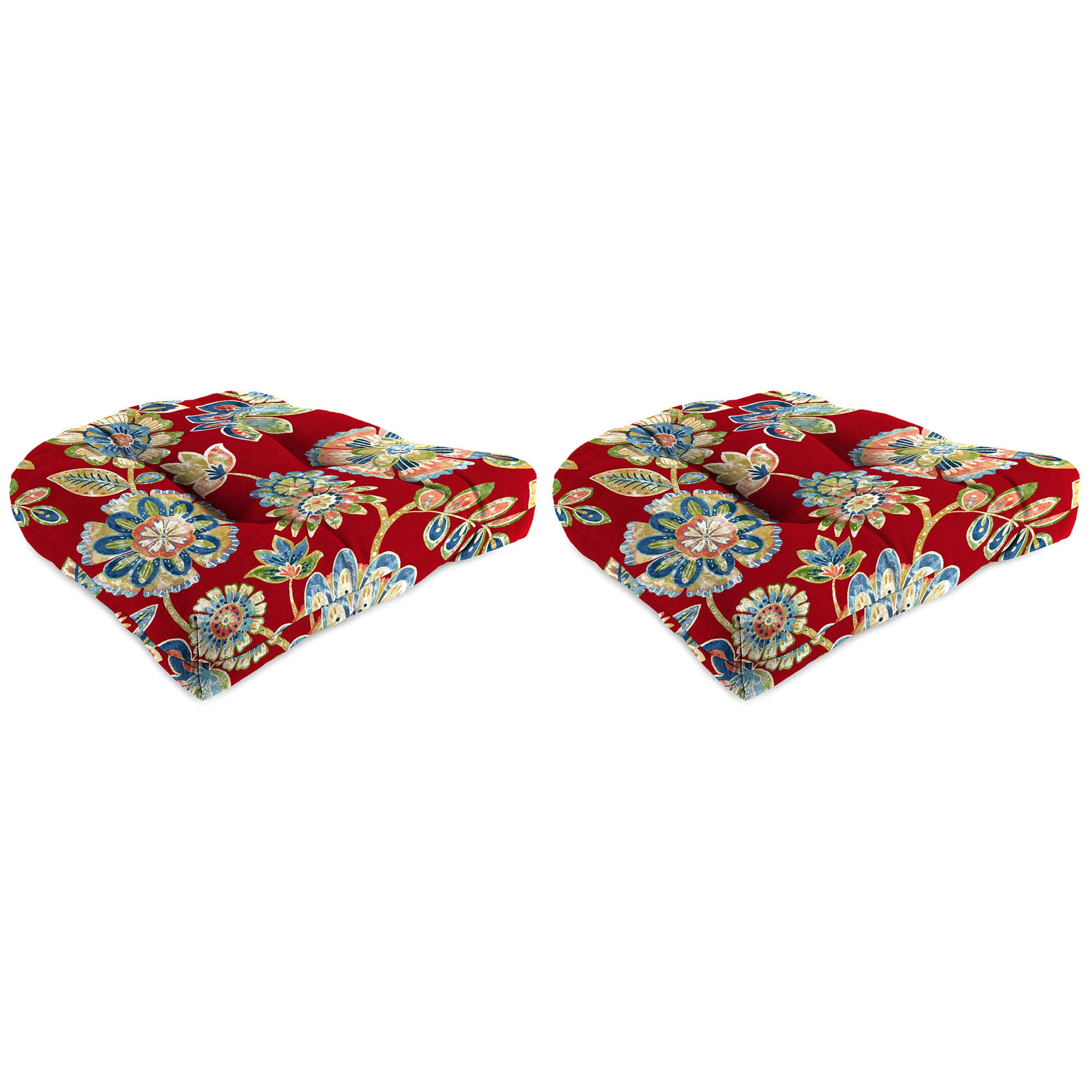 19" Red Floral Tufted Outdoor Wicker Seat Cushions (Set of 2)