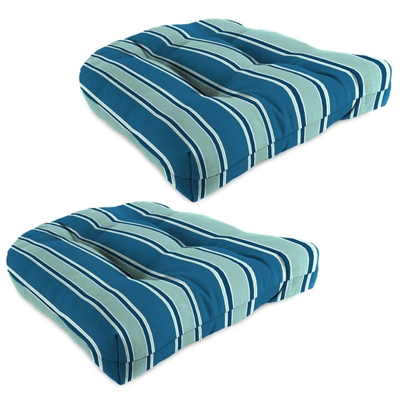 Jordan Manufacturing 19" x 19" Sanders Puff Blue and Gray Green Stripe Square Tufted Contoured Outdoor Wicker Seat Cushion (2 Pack)