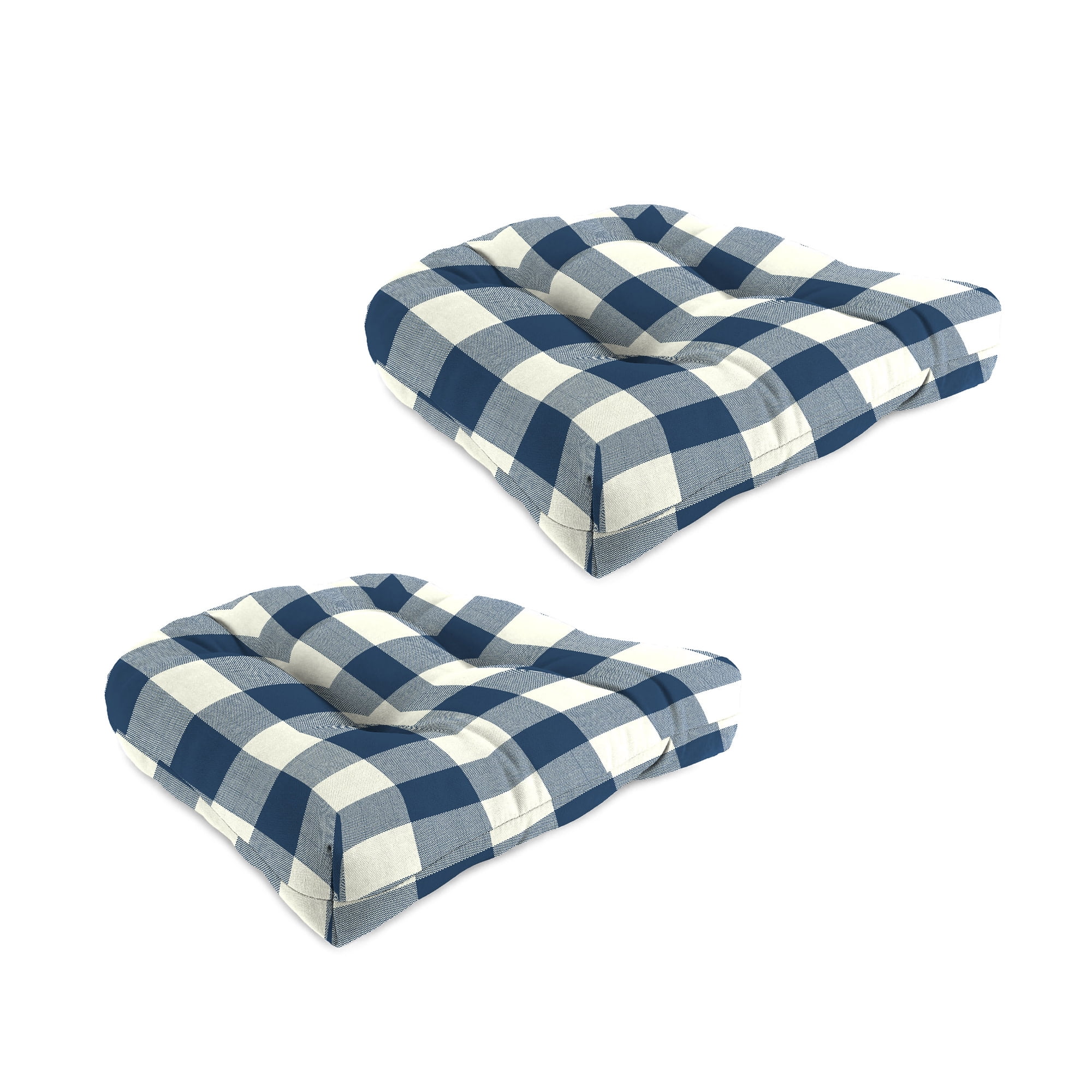 Buffalo Check Navy Tufted Outdoor Wicker Seat Cushions, 19" x 19", Set of 2