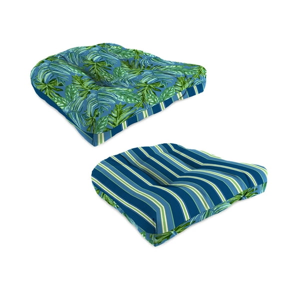 Jordan Manufacturing 19" x 19" Sullivan Cashmere Blue Stripe and Fulton Shale Blue Leaves Reversible Square Tufted Contoured Outdoor Wicker Seat Cushion (2 Pack)