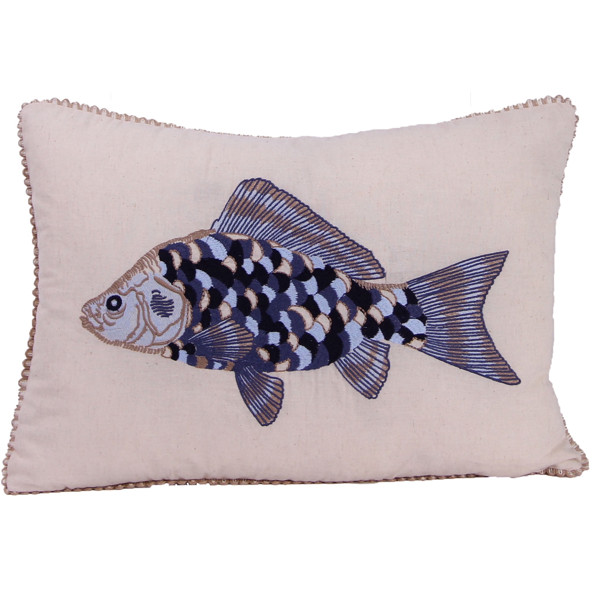 Jordan Manufacturing 20" x 14" Blue, Black and Natural Fish Nautical Rectangular Reversible Lumbar Throw Pillow with Scallop Edge and Embroidery Accent