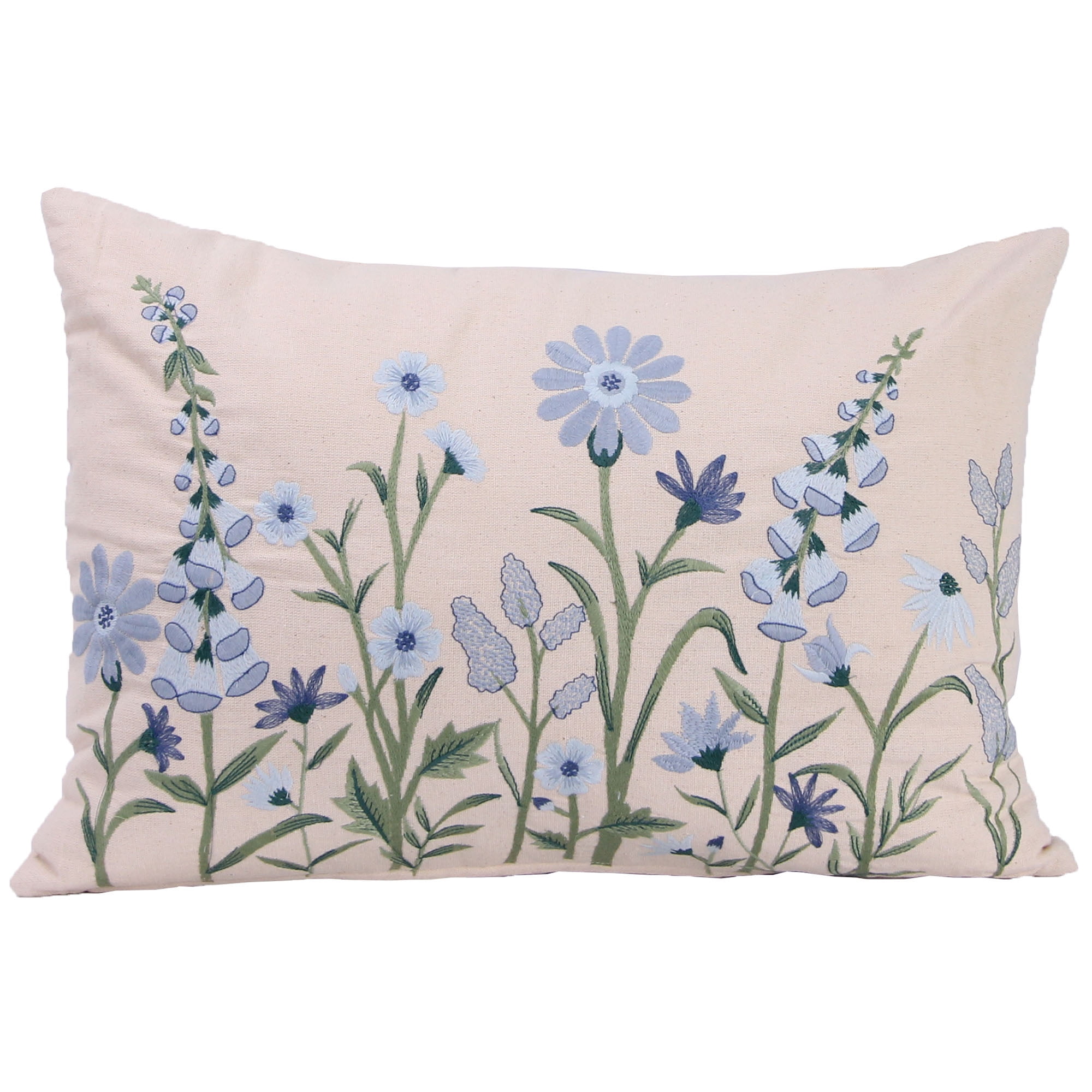 Jordan Manufacturing 20" x 14" Blue, Cream and Green Bluebells Floral Rectangular Reversible Lumbar Throw Pillow with Embroidery Accent