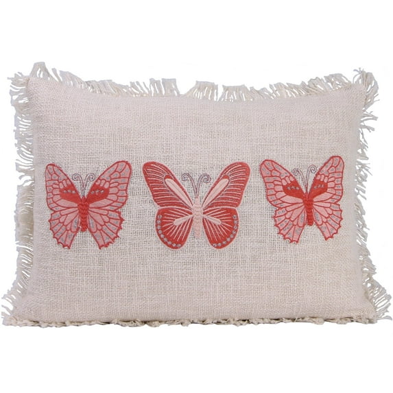 Jordan Manufacturing 20" x 14" Cream and Coral Butterfly Rectangular Reversible Lumbar Throw Pillow with Fringe Trim and Embroidery Accent