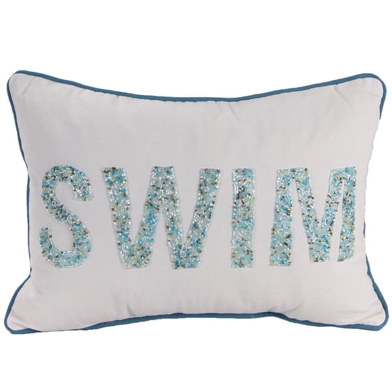 Jordan Manufacturing 20" x 14" Cream and Dark Aqua Swim Nautical Rectangular Reversible Decorative Lumbar Throw Pillow with Welt