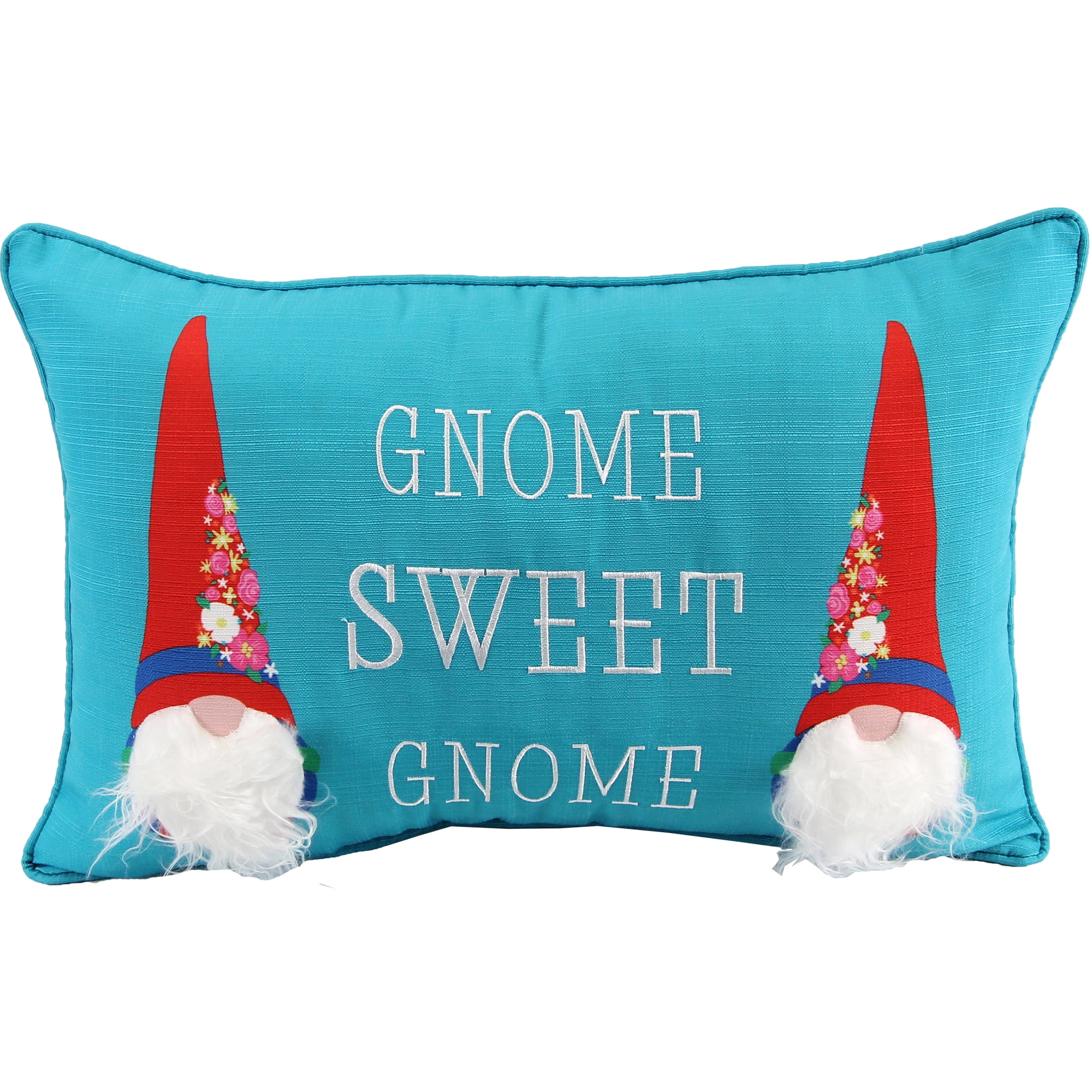 Jordan Manufacturing 20" x 14" Red, White and Turquoise Gnome Sweet Gnome Novelty Rectangular Reversible Lumbar Throw Pillow with Welt