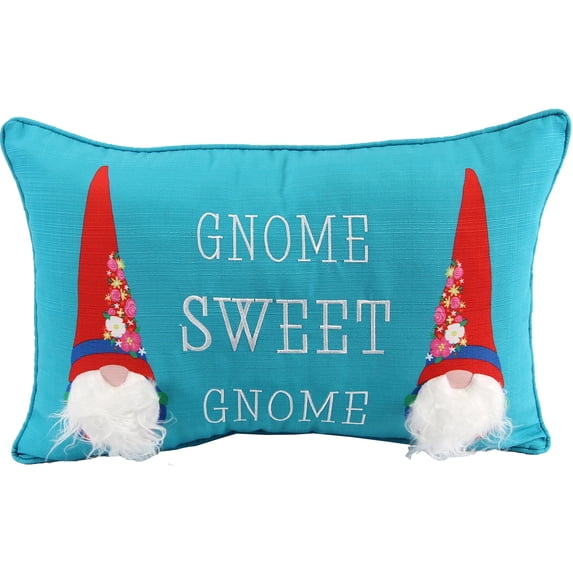 Jordan Manufacturing 20" x 14" Red, White and Turquoise Gnome Sweet Gnome Novelty Rectangular Reversible Lumbar Throw Pillow with Welt
