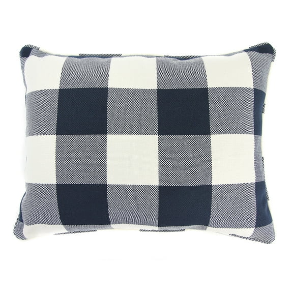 Jordan Manufacturing 20" x 15" Navy and Cream Buffalo Check Rectangular Decorative Lumbar Throw Pillow with Welt