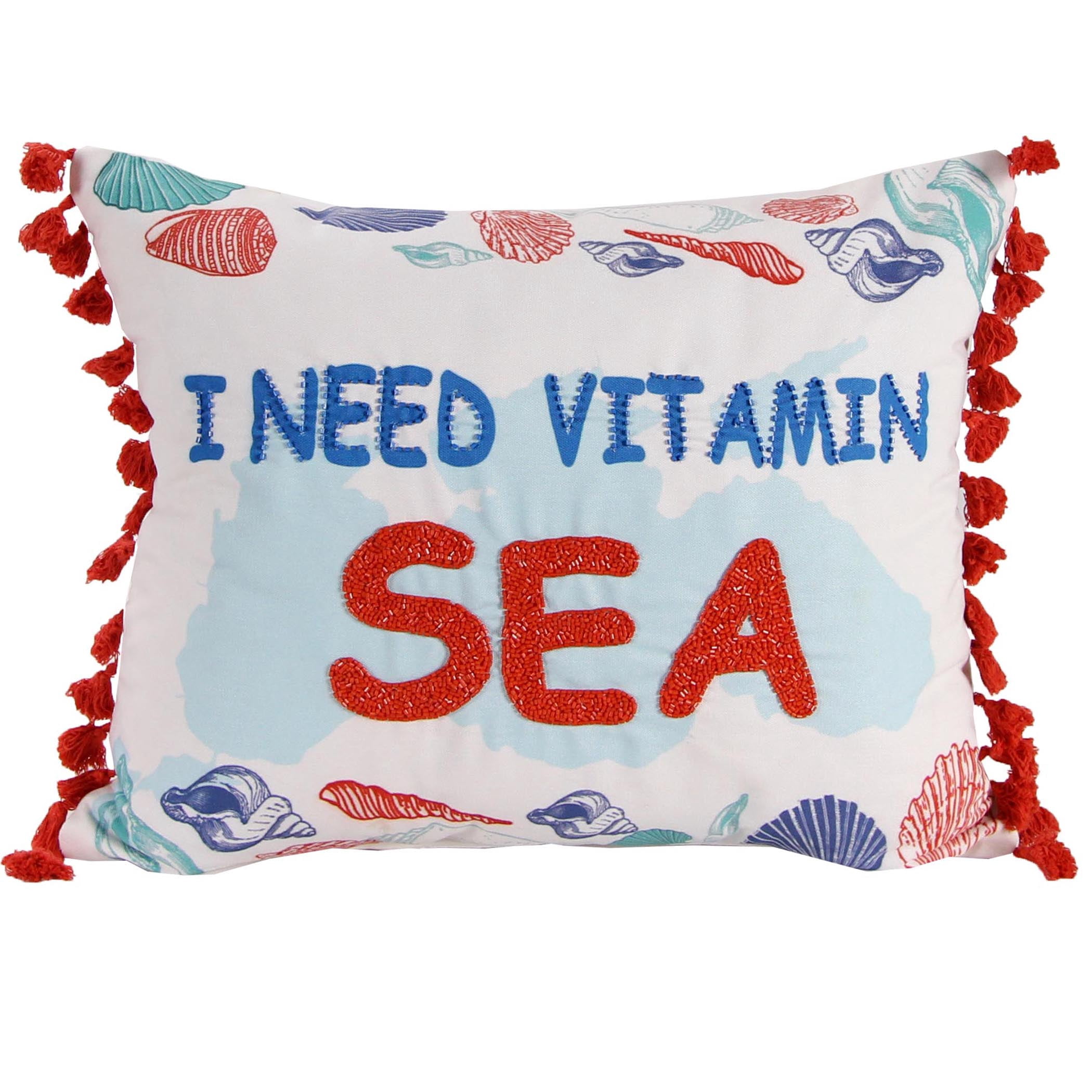 Jordan Manufacturing 20" x 16" Red, White and Blue Vitamin Sea Nautical Rectangular Reversible Lumbar Throw Pillow with Beads and Tassels