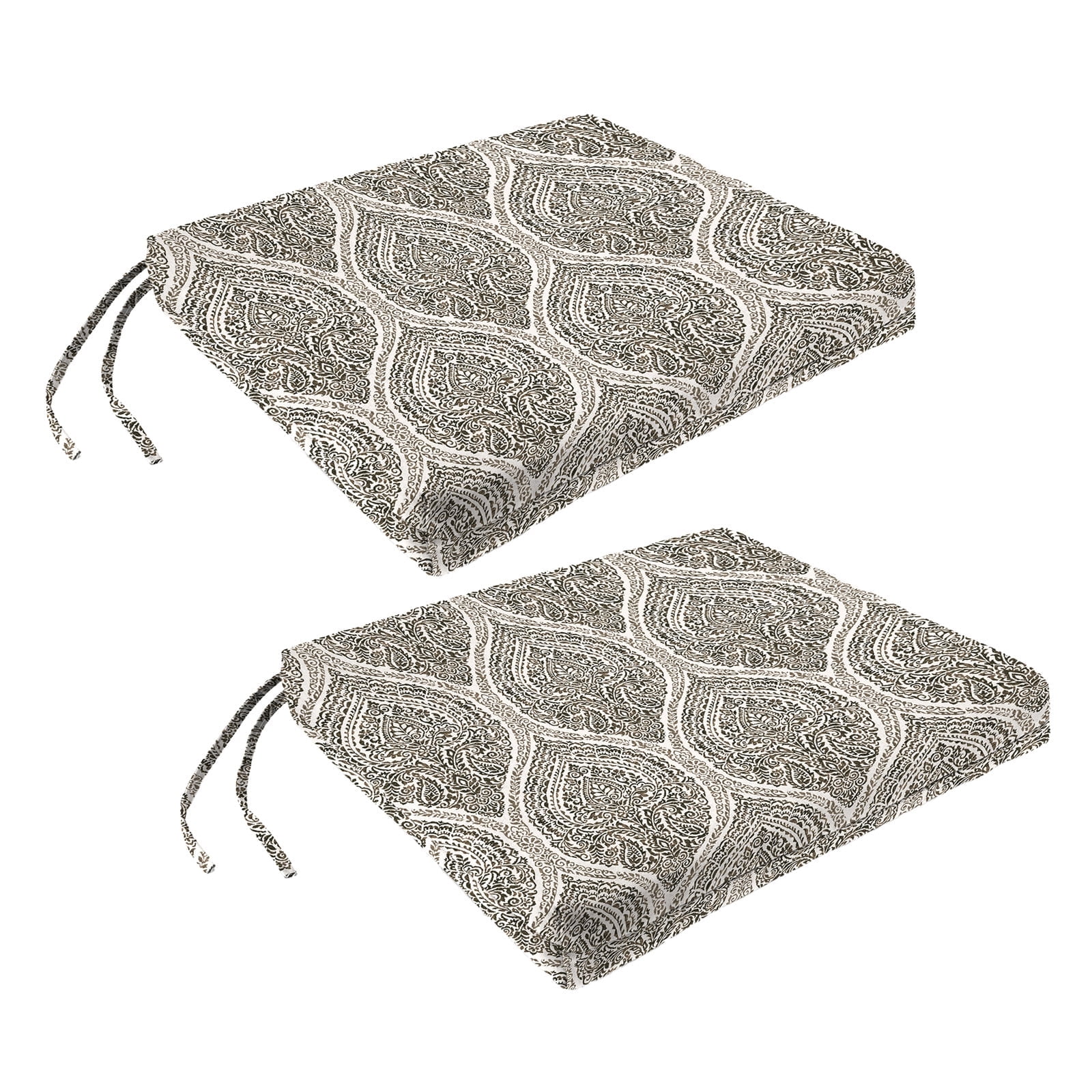 Jordan Manufacturing 20" x 18" Andorra Umber Brown Damask Rectangular Outdoor Chair Pad Seat Cushion with Ties (2 Pack)