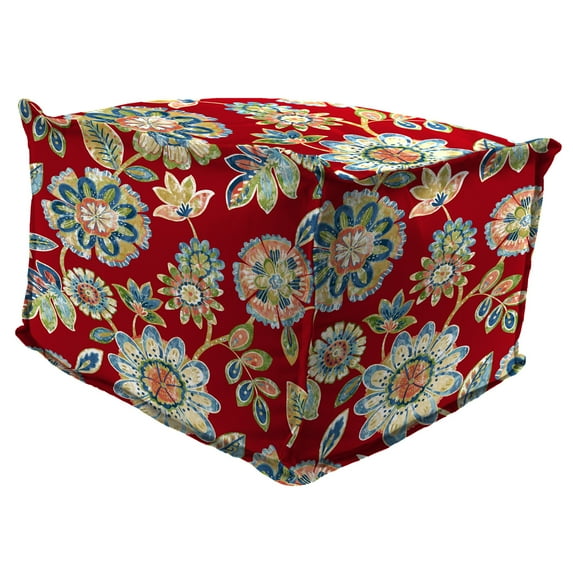 Jordan Manufacturing 20" x 20" Daelyn Cherry Red Floral Square Outdoor Pouf Ottoman with Flange