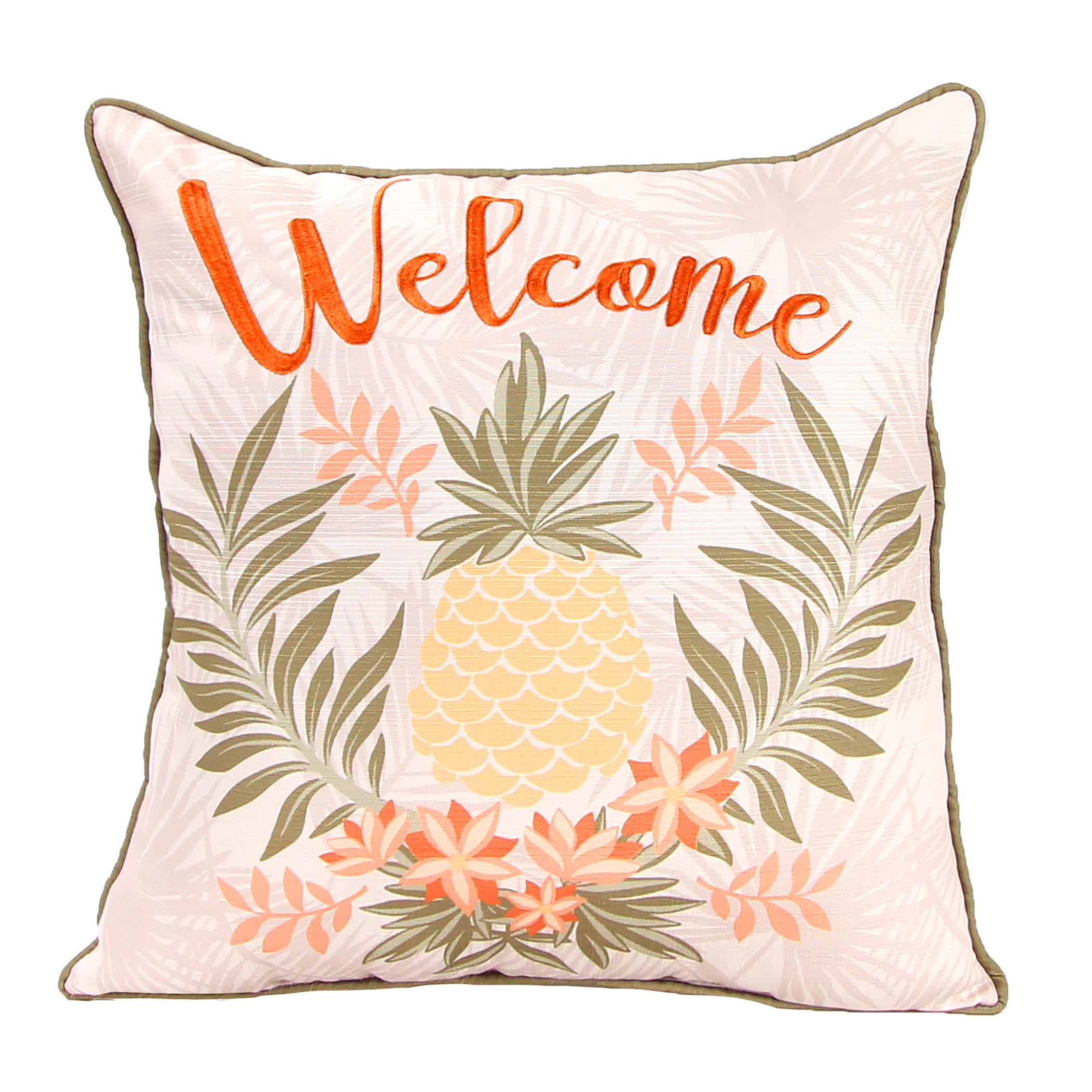 Jordan Manufacturing 20" x 20" Multicolor Welcome Pineapple Tropical Square Reversible Decorative Throw Pillow with Welt