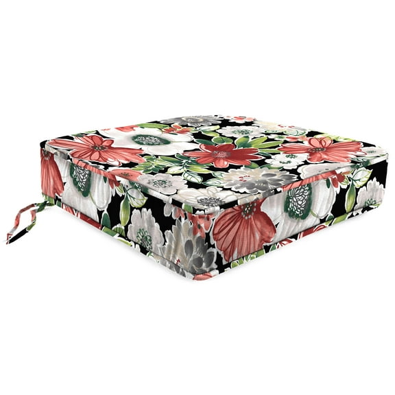 Jordan Manufacturing 22.5" x 22.5" Tamani Black Floral Square Outdoor Deep Seat Cushion with Ties and Welt