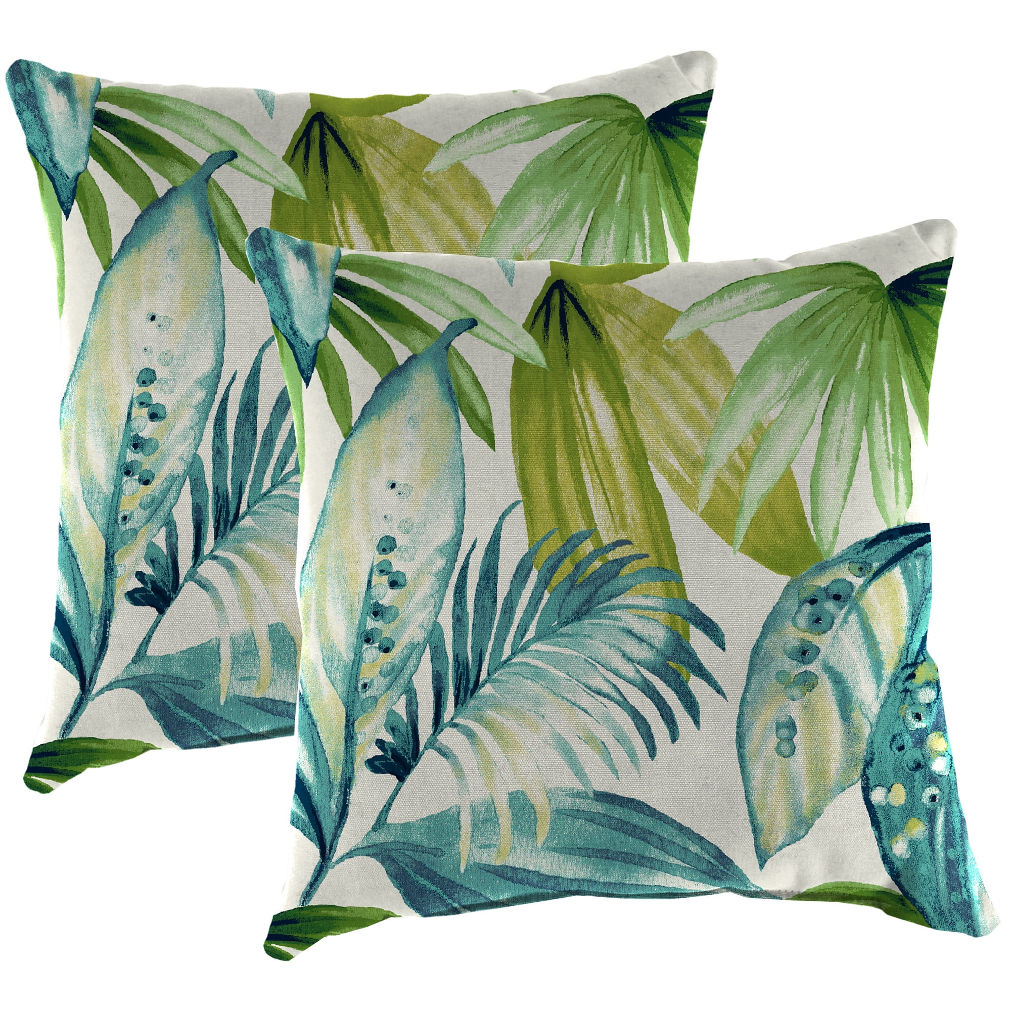 Seneca Caribbean Turquoise Leaves Square Outdoor Throw Pillow Set