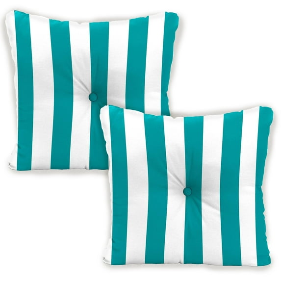 Jordan Manufacturing 23.5" x 24" Awning Turquoise Stripe Square Tufted Outdoor Deep Seat Chair Back Cushion with Fabric Button (2 Pack)