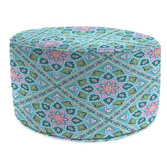 Jordan Manufacturing 24" Medlo Island Teal Medallion Round Outdoor Pouf Ottoman with Welt