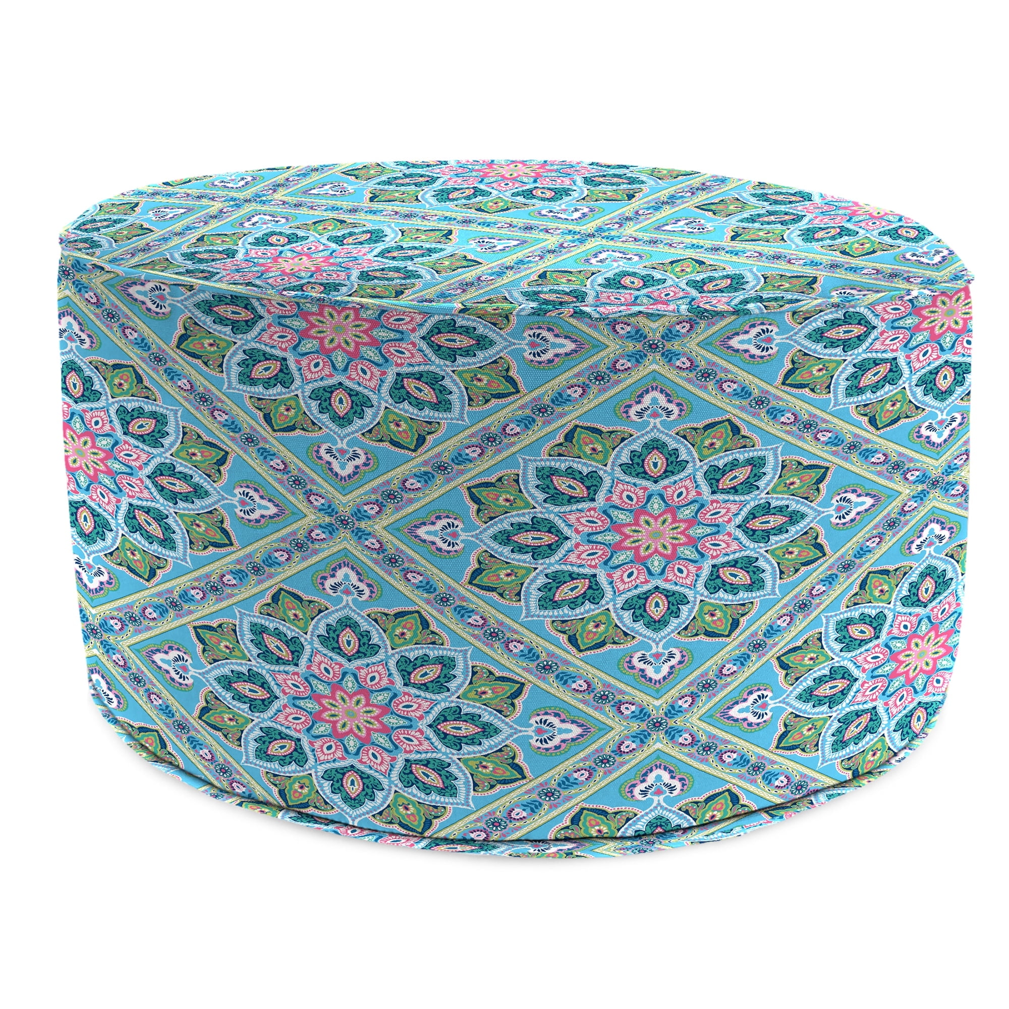 Jordan Manufacturing 24" Medlo Island Teal Medallion Round Outdoor Pouf Ottoman with Welt ...