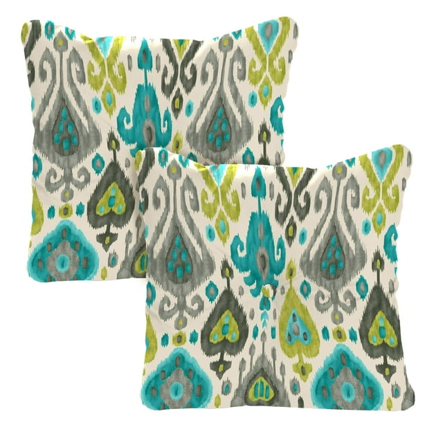 Jordan Manufacturing 24" x 24" Paso Turquoise Multicolor Ikat Square Tufted Outdoor Deep Seat Chair Back Cushion with Fabric Button (2 Pack)