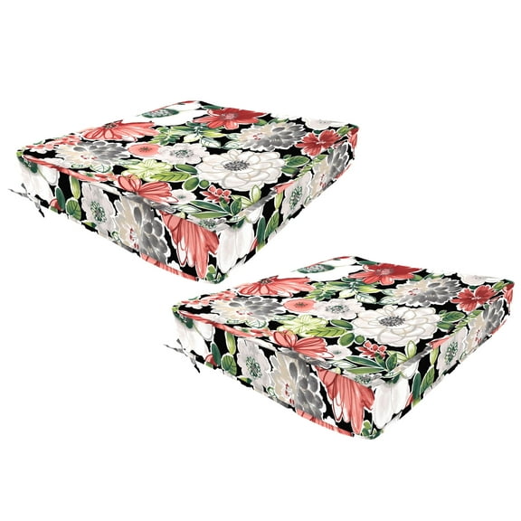 Jordan Manufacturing 24" x 24" Tamani Black Floral Square Outdoor Deep Seat Cushion with Ties and Welt (2 Pack)