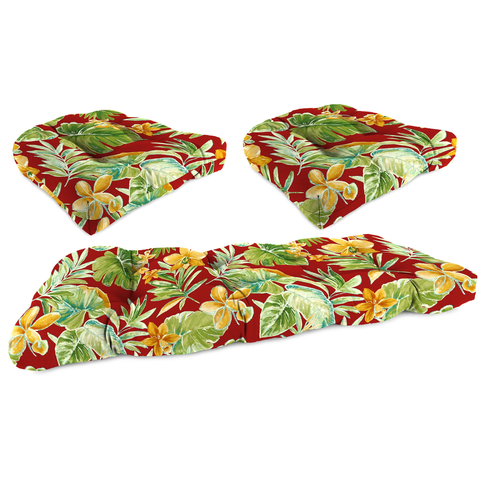 Jordan Manufacturing 3-Piece Beachcrest Poppy Red Floral Outdoor Cushion Set with 2 Wicker Seat Cushions and 1 Wicker Bench Cushion
