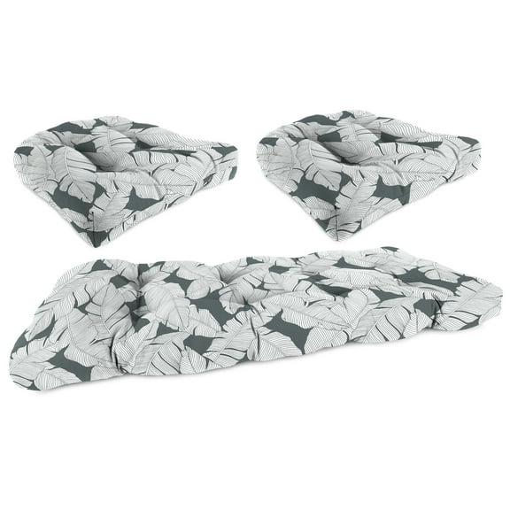 Jordan Manufacturing 3-Piece Carano Stone Grey Leaves Tufted Outdoor Cushion with 1 Wicker Bench Cushion and 2 Wicker Seat Cushions