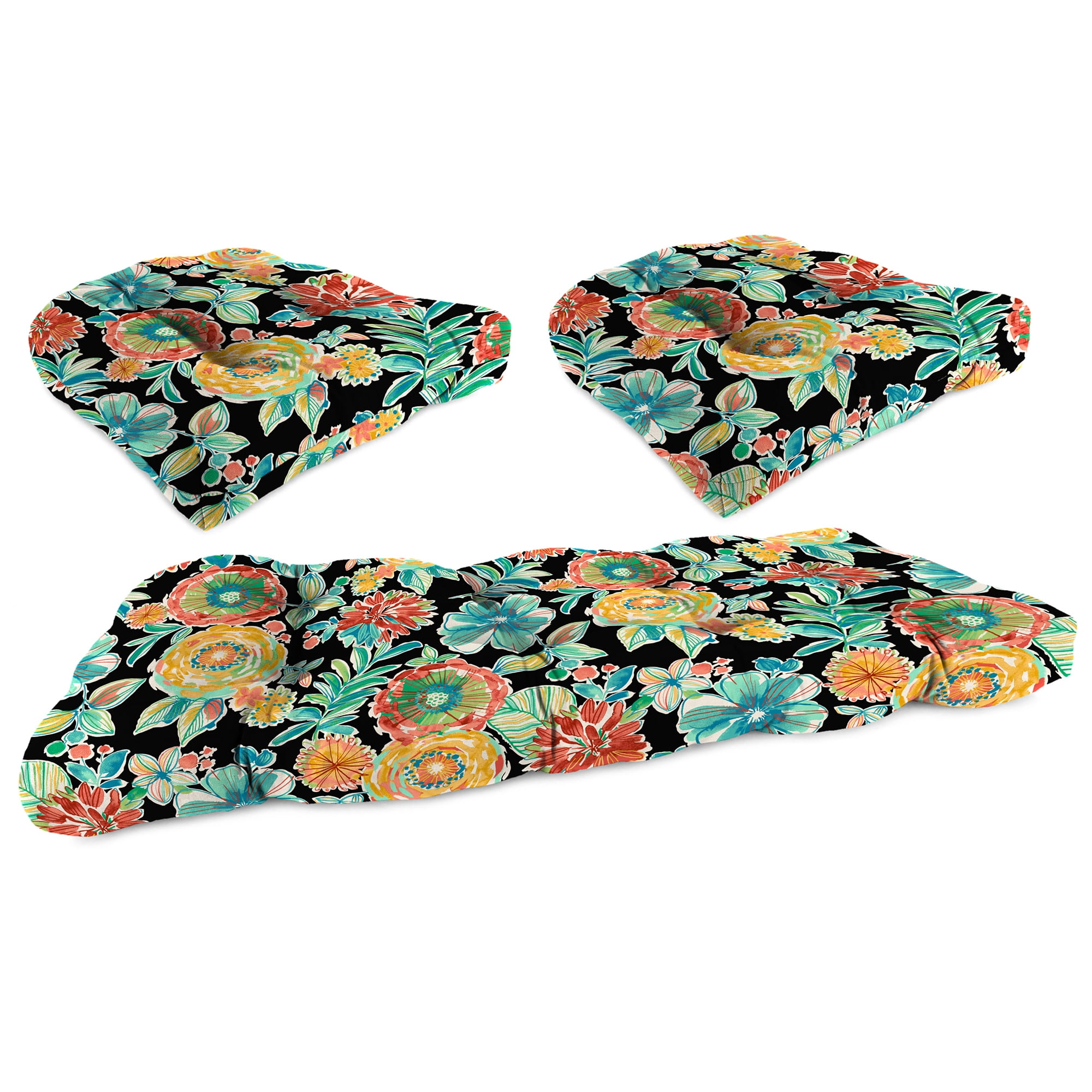 Jordan Manufacturing 3-Piece Colsen Noir Black Floral Tufted Outdoor Cushion with 1 Wicker Bench Cushion and 2 Wicker Seat Cushions